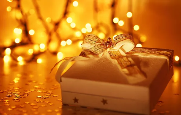 Картинка звезды, праздник, коробка, подарок, обои, новый год, рождество, размытие, лента, wallpaper, new year, звездочки, широкоформатные, …