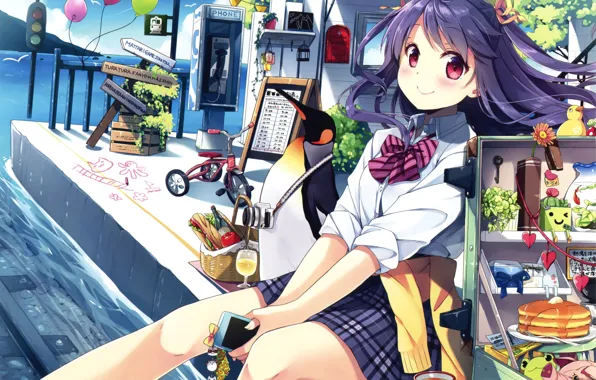 Картинка девушка, шарики, велосипед, аниме, арт, светофор, пингвин, телефон, школьница, natsume eri