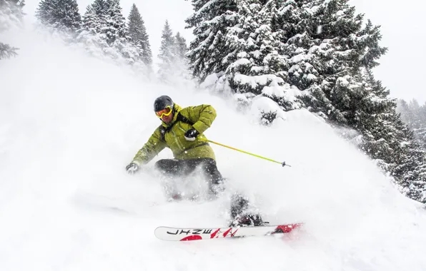 Картинка зима, снег, горы, лыжи, очки, шлем, сосны, лыжник, экстремальный спорт