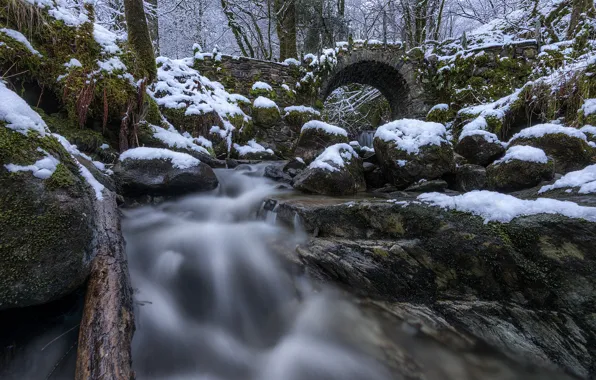 Картинка лес, снег, мост, камни, Шотландия, речка, Scotland, Glen Creran, Fairy Bridge