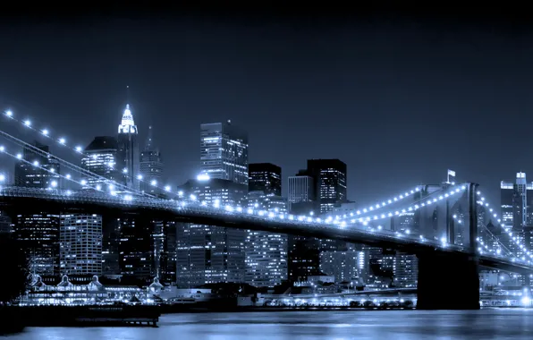 Картинка вода, ночь, мост, city, город, огни, небоскребы, new york, Brooklyn Bridge