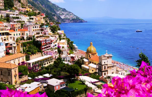 Картинка море, пейзаж, цветы, природа, город, скалы, побережье, дома, Италия, собор, Italy, Amalfi, Амальфи