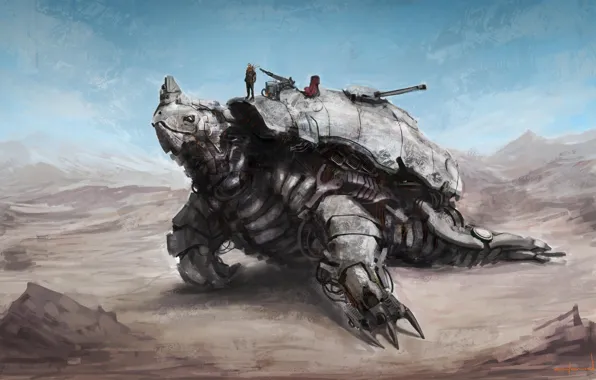 Картинка оружие, провода, пустыня, человек, робот, черепаха, арт, гигантская