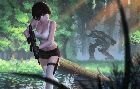 Картинка девушка, оружие, робот, джунгли, арт
