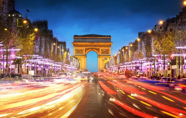 Картинка дорога, машины, город, люди, Франция, Париж, вечер, выдержка, Paris, France, Arc de Triomphe, Триумфальная арка