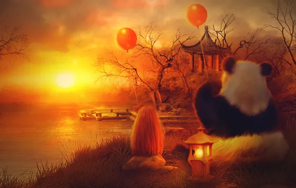 Картинка солнце, шарики, деревья, закат, оранжевый, озеро, дом, панда, девочка, фонарь