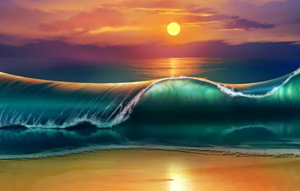Картинка море, волны, пляж, закат, waves, beach, sea, sunset