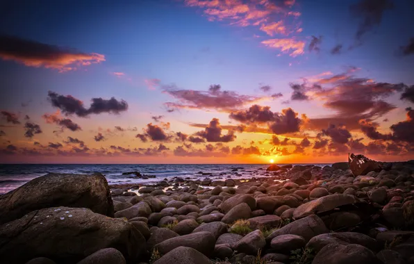 Картинка море, пляж, солнце, камни, рассвет, утро