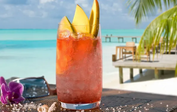Картинка море, пляж, пальма, напиток, дыня со льдом