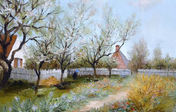 Картинка пейзаж, дом, картина, двор, Марсель Диф, Весенний сад