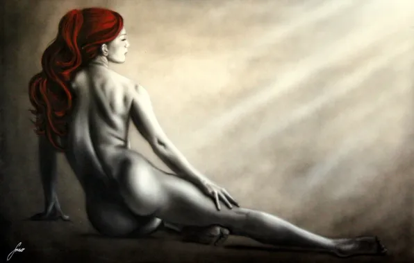 Картинка девушка, лицо, поза, фон, ноги, волосы, тело, спина, руки, изгибы, красные, профиль, живопись