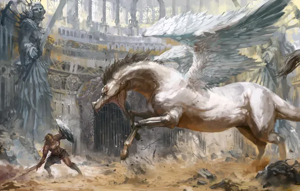 Картинка конь, крылья, монстр, меч, бой, воин, щит, арена, пегас, геркулес