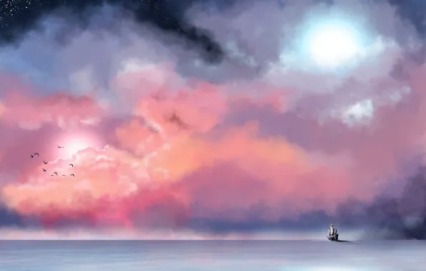 Картинка море, небо, звезды, облака, птицы, туман, корабль, живопись