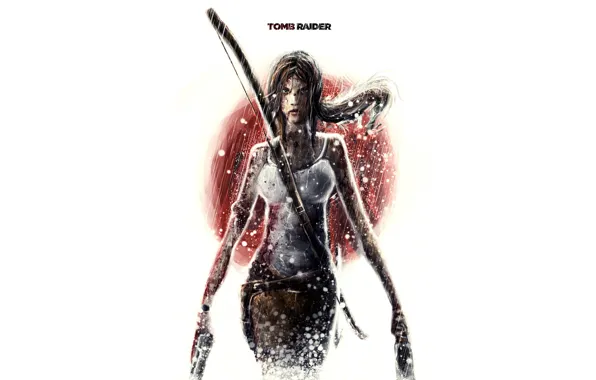 Картинка девушка, оружие, кровь, минимализм, белый фон, Tomb Raider, Lara Croft