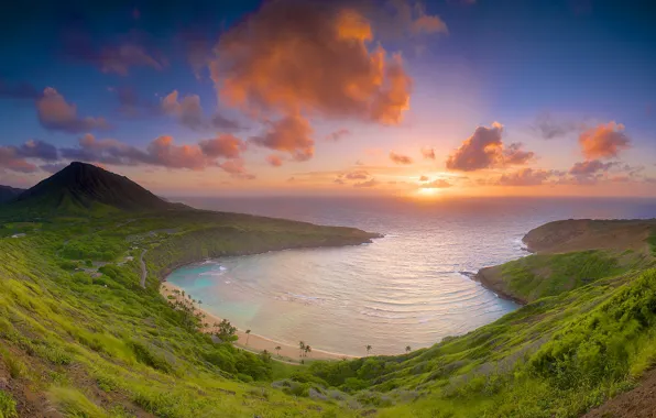 Картинка утро, Гавайи, остров Оаху, Бухта Ханаума