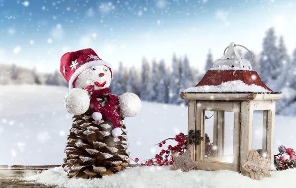 Картинка зима, снег, пейзаж, ветки, ягоды, праздник, доски, новый год, звёзды, фонарь, снеговик, шишка, декорация
