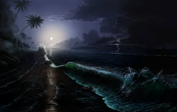 Картинка море, волны, ночь, тучи, камни, пальмы, скалы, луна, побережье, молния, корабль, остров, парусник, буря, арт, …