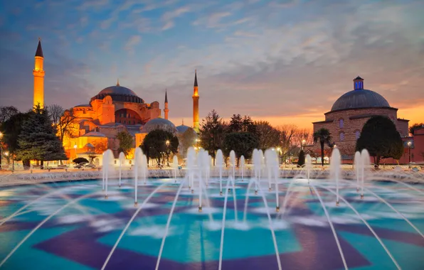 Картинка вечер, фонтан, Стамбул, Турция, минарет, Аця-София, собор Святой Софии