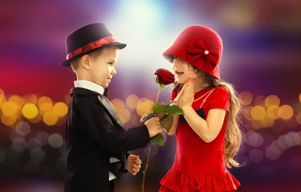 Картинка любовь, детство, романтика, роза, ребенок, мальчик, пара, девочка, love, rose, День святого Валентина, retro, boy, …