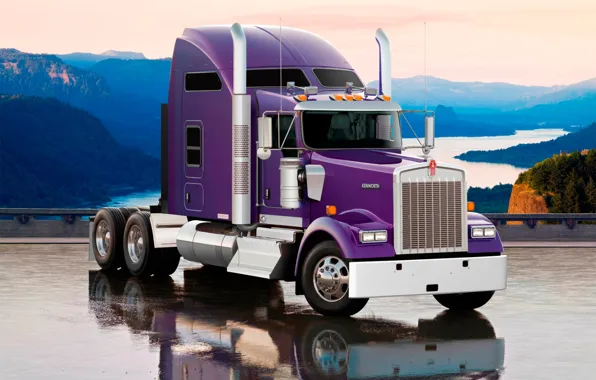 Картинка небо, горы, отражение, грузовик, тягачь, передок, truck, трак, кенуорт, Кенуорт, W900L, Kenworth