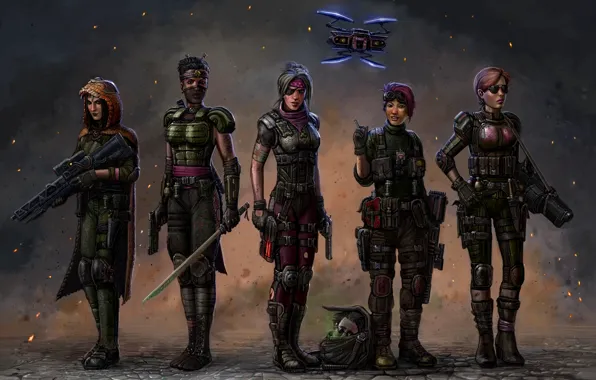 Картинка пистолет, фантастика, девушки, робот, меч, арт, солдаты, отряд, амуниция, XCOM 2
