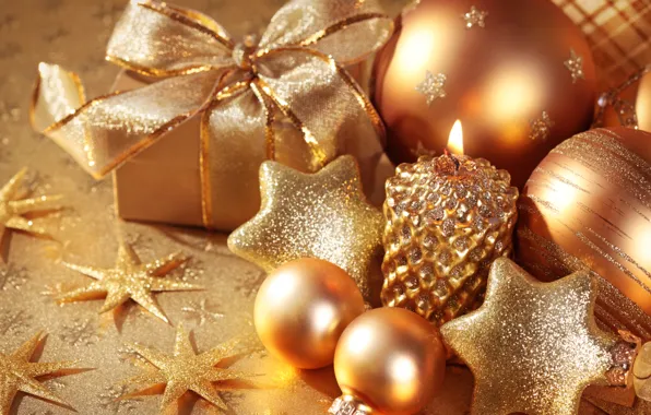 Картинка шарики, украшения, праздник, новый год, рождество, свеча, подарки