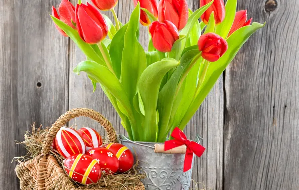 Картинка яйца, пасха, тюльпаны, red, flowers, tulips, eggs, easter, basket