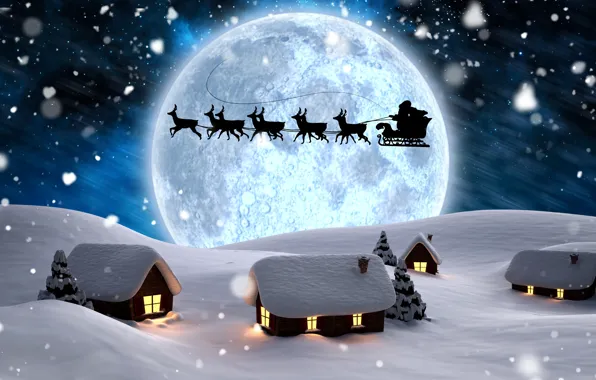 Картинка зима, снег, деревья, снежинки, ночь, огни, рендеринг, луна, Новый год, домики, сани, Санта Клаус, олени, …