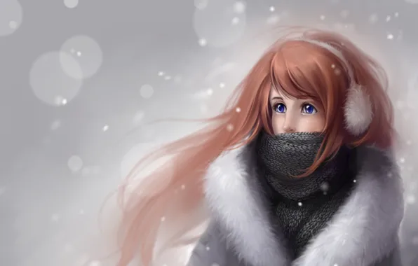 Картинка зима, девушка, снег, рисунок, кукла, шарф, Anna Linberger