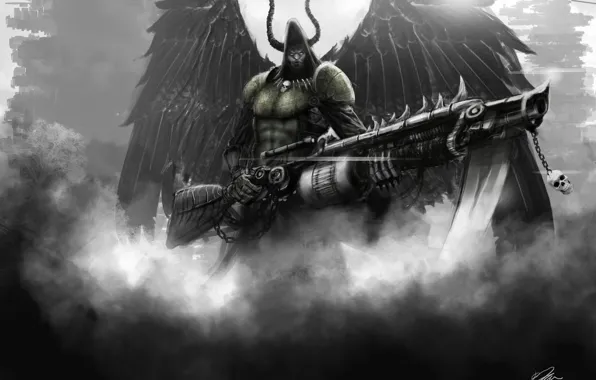 Картинка оружие, крылья, арт, капюшон, рога, мужчина, огнемет, angel of death