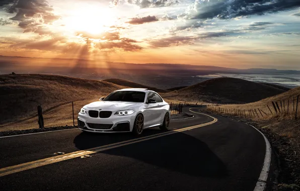 Картинка BMW, Car, Front, Sunset, Sunrise, Mountains, Road, Wheels, Avant, M235i, Garde, San Jose
