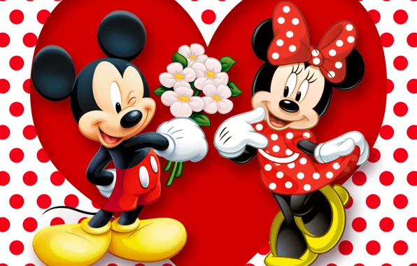 Картинка red, love, heart, cartoon, disney, romance, polka dots, minnie, mickey