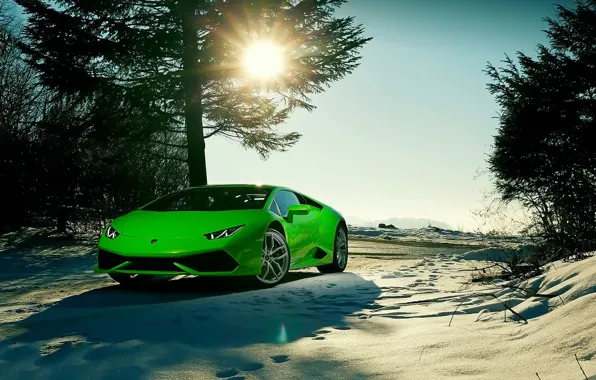 Картинка Lamborghini, Sky, Green, Front, Sun, Color, Snow, Beauty, Supercar, 2015, Huracan, Ligth, LP640-4
