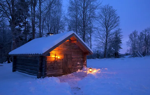 Картинка зима, лес, свет, снег, деревья, ночь, дом, фонарь, Швеция, Sweden, landscape, night, winter