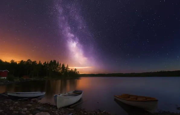Картинка ночь, озеро, звёзды, лодки, Норвегия, Three of a Kind
