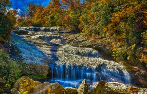 Картинка осень, лес, деревья, горы, река, скалы, водопад, поток