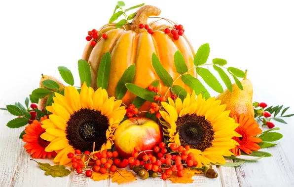 Картинка осень, листья, подсолнухи, ягоды, яблоки, урожай, тыква, фрукты, груши, autumn, pumpkin, sunflower, harvest
