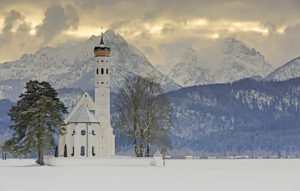 Картинка зима, деревья, горы, Германия, Бавария, Альпы, церковь, Germany, Bavaria, Alps, Schwangau, Швангау, Sankt Coloman, Церковь …