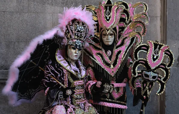Картинка зонт, перья, маска, пара, костюм, Венеция, карнавал