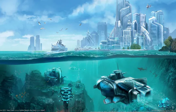 Картинка небо, город, будущее, океан, корабль, чайки, станция, future, подводный мир, струя, риф, game wallpapers, аппарат, …