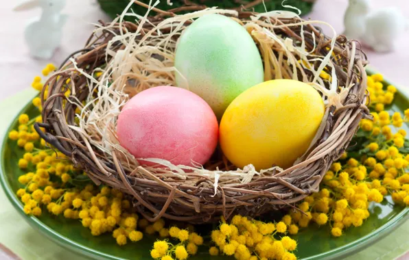 Картинка стол, праздник, яйца, весна, тарелка, Пасха, гнездо, Easter, пасхальные