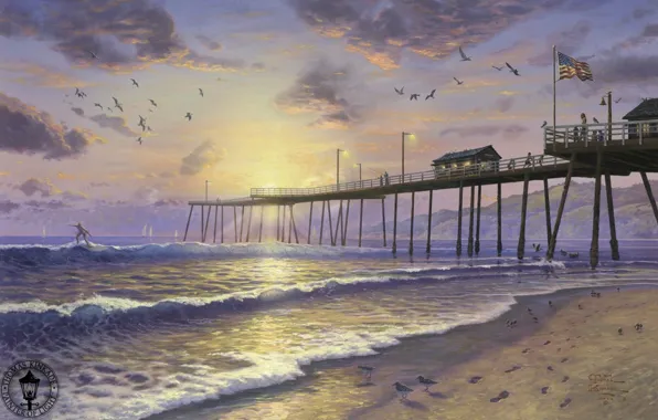 Картинка песок, волны, пляж, закат, птицы, следы, океан, чайки, флаг, парус, серфинг, USA, США, живопись, beach, …