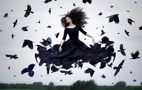 Картинка девушка, птицы, платье, полёт, в чёрном