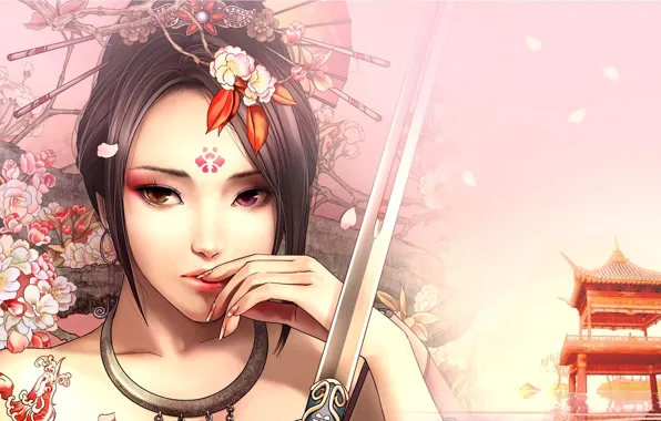 Картинка девушка, цветы, узор, рука, меч, катана, арт, татуировка, азиатка, беседка, разные глаза, Zhang Xiao Bai