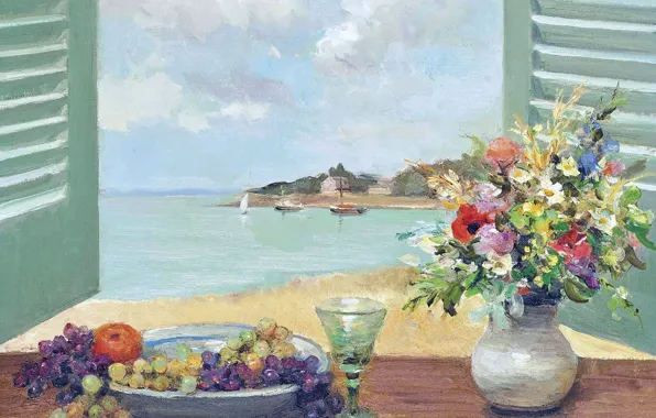 Картинка пейзаж, цветы, лодка, картина, парус, ставни, фрукты, Марсель Диф, Окно с видом на море
