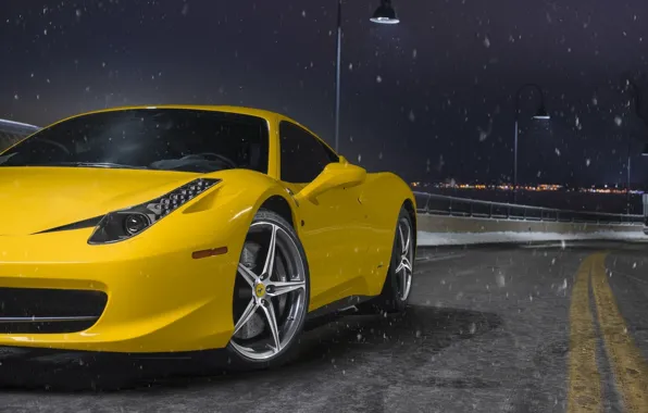 Картинка Ferrari, 458, Front, Snow, Yellow, Italia, Road, Supercar, Wheels, Ligth, Nigth