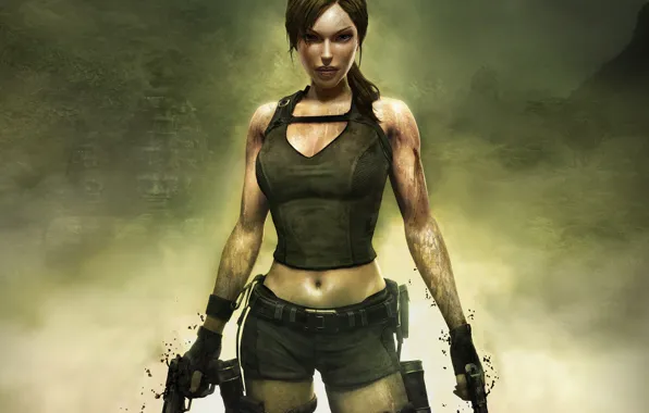 Картинка Tomb Raider, guns, girl, brown hair, jungle, sexy girl, ruins, legend, weapons, Lara Croft, breasts, …