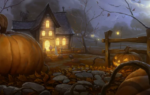 Картинка ночь, огни, дом, арт, Halloween, тыква, Хэллоуин, огород, гость
