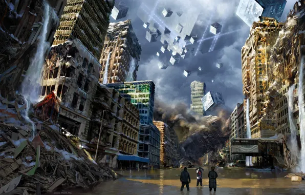 Картинка город, фантастика, арт, разруха, куб, romantically apocalyptic