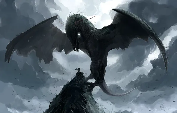 Картинка скала, дракон, человек, крылья, мощь, арт, summoning fantasy